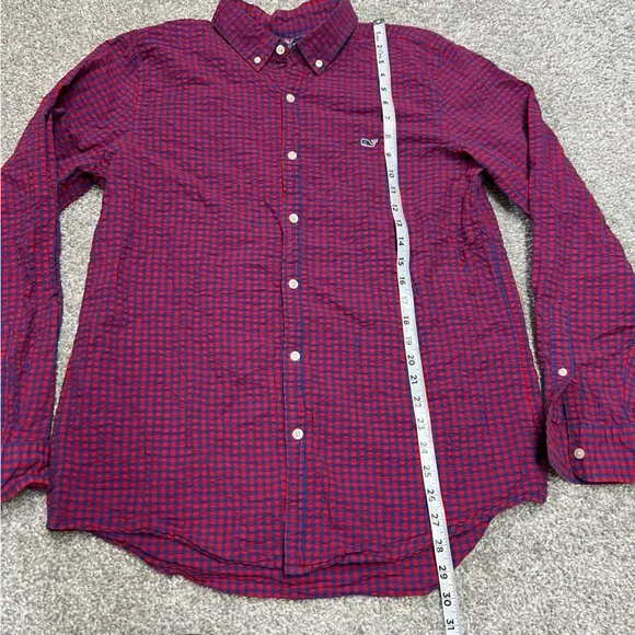 Vineyard Vines Shirt Men Large Red Blue Gingham Slim Fit Whale Button Seersucker - Picture 2 of 6